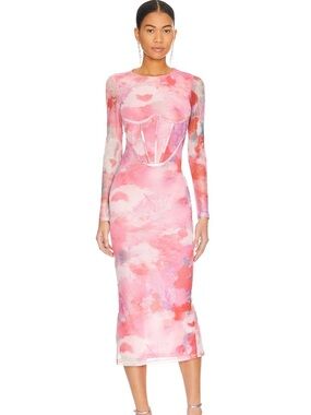 Bardot Pink Multi Sheer Corset Midi Dress